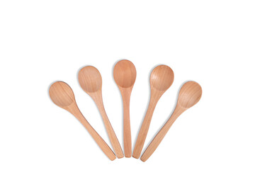 Set of wood spoon isolated on white background.Top view