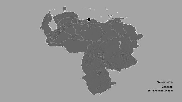 Aragua, state of Venezuela, with its capital, localized, outlined and zoomed with informative overlays on a bilevel map in the Stereographic projection. Animation 3D