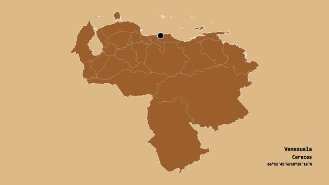 Aragua, state of Venezuela, with its capital, localized, outlined and zoomed with informative overlays on a solid patterned map in the Stereographic projection. Animation 3D