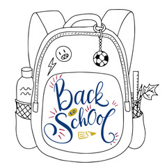 A school back, back pack of a boy with a water bottle, pencil, leafe, ball key ring, with back to scholl lettering. 
