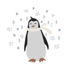 Cute penguin character in a scarf with snow flakes. Winter, christmas or new year illustration fot card, textile, print.