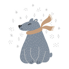 Cute polar bear flat illustration with a scarf and snow flakes. Illustration for christmas, new year, winter design, card.