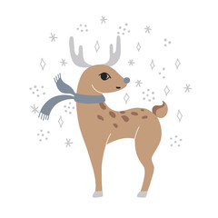 Cute reindeer character in a scarf with snow flakes. Winter, new year, christmas illustration for card, print, textile