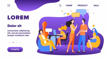 Hipster people talking and using computers in co-working. Creative team meeting and working in open space. Vector illustration for workplace, teamwork, business concept