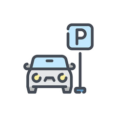 Car with Parking Road Sign color line icon. Vehicle with Street Sign vector outline colorful sign.