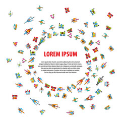 People, men and women riding modern electric scooter,
bicycle, skateboard, rollerblading, monowheel. Top view. Sporty and modern eco-friendly personal transport.