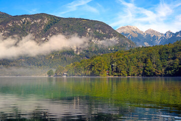 Beautiful Slovenian landscape Bohinj Lake, with turquoise water. Triglav National Park, Julian Alps, Slovenia, Europe.