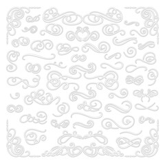 Vector set of paper cutout style 3D filigree set, calligraphic design elements, decorative swirls, white decorations, shadows.