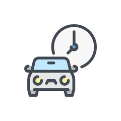 Car Rental and Parking Times color line icon. Car with Clock vector outline colorful sign.