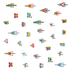 People, men and women riding modern electric scooter, bicycle, skateboard, rollerblading, monowheel. Top view. Sporty and modern eco-friendly personal transport. © Алексей Шпадарук