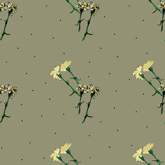 Seamless natural pattern. White carnation flowers on a green background