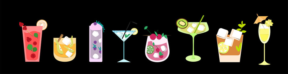 A set of cocktails. Tropical cocktails, juice, glass on a black background. Vector hand drawn illustration. Various cocktail glass with drinks. Design for summer beach party invitation, alcohol drinks