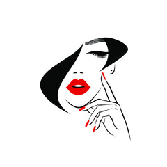 Beautiful sexy face, red lips, hand with red manicure nails, fashion woman, eyelash extensions, nail studio, curly hairstyle, hair salon sign, icon. Beauty Logo. Vector illustration.