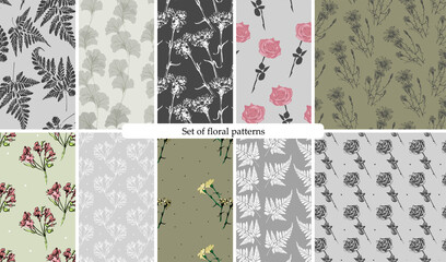 Set of seamless natural patterns. Silhouettes of various beautiful flowers on a gentle background. Samples for wrapping paper. Handmade graphics.