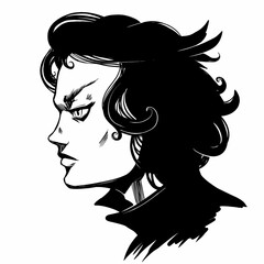 A handsome young man with sharp facial features, frowning eyebrows looks ahead, 2D illustration.