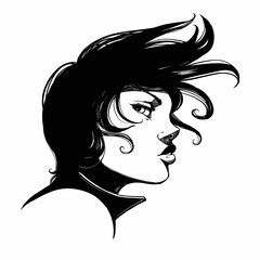 A cute girl with a short haircut, and plump lips, playfully looks at the viewer. 2D illustration.