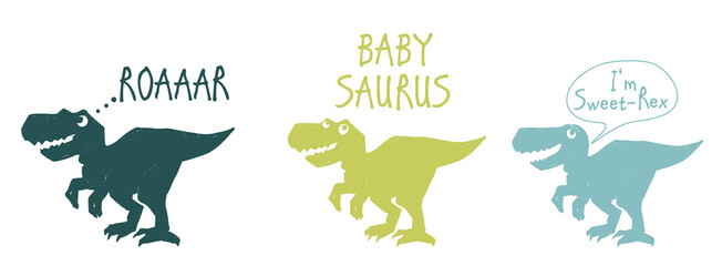 Roar dinosaurus, baby saurus, sweet dino baby. Cute dinosaur doodle t-shirt design. Funny Dino collection. Textile design for baby boy on white background. Cartoon monster vector illustration.