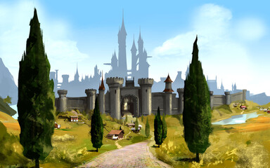 A medieval fantasy city with high walls, wide gates, towers, and a stone road leading to it. 2D...