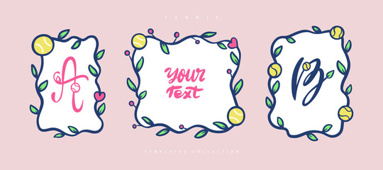 Vector collection of illustrations for tennis. Decorative floral frame for text, monogram, letter 