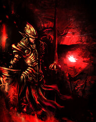 A warrior in beautiful gold armor with a large shield and a spear in his hands, against the background of the blood moon and the battlefield. 2D illustration.