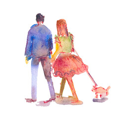 Naklejka premium Hand drawn illustration: stylized people. Watercolor sketches. Man and woman with dog on a leash