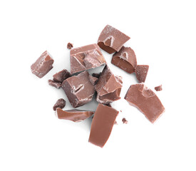 Pieces of milk chocolate isolated on white, top view