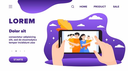 Hands of person watching family and children photo on smart phone. Picture of happy parents and kids on cellphone screen. Vector illustration for memory, communication, togetherness concept