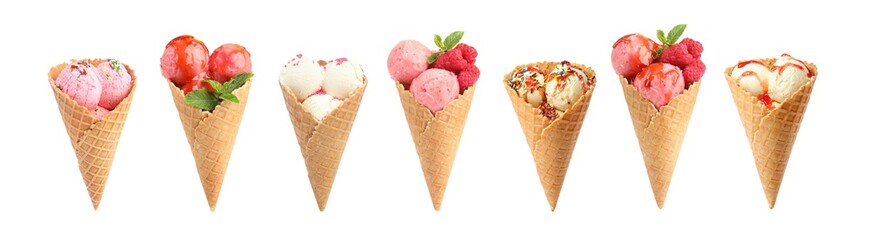 Set of different ice creams in wafer cones on white background. Banner design