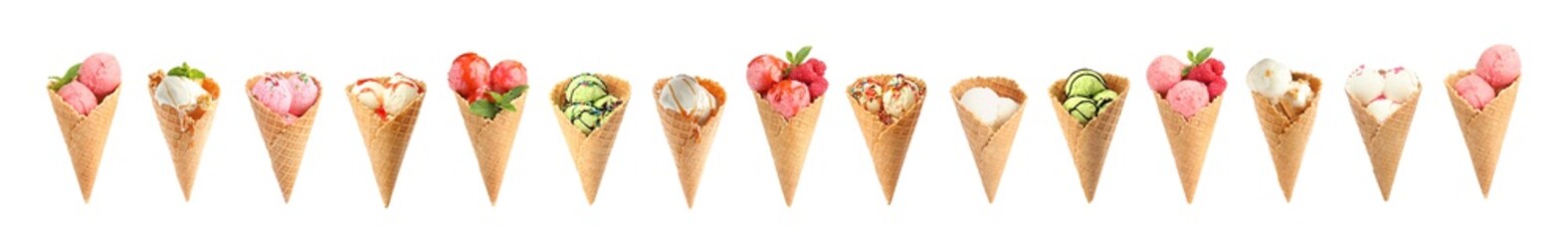 Set of different ice creams in wafer cones on white background. Banner design