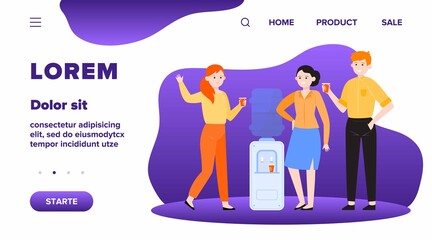 Office cooler meeting flat vector illustration. Cartoon young colleagues drinking water near dispenser and talking. Workplace and coffee break concept
