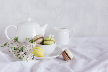 Tasty French macarons and a tea-set with blossoming branches on a white background.