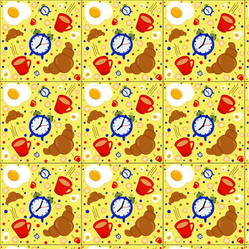 good morning pattern: alarm clock, Cup of coffee, scrambled eggs and a croissant on a yellow background	