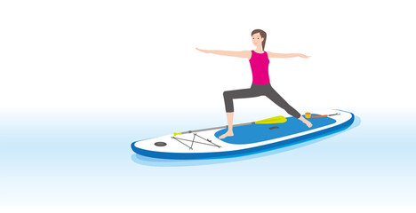 スタンドアップパドルボードでヨガをする女性