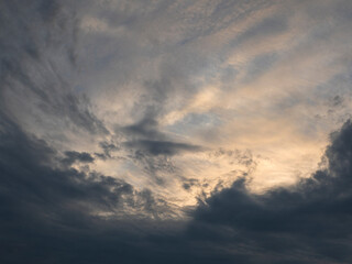 Amazing gradient of the evening sky. Colorful cloudy sky at sunset. Sky texture, abstract nature background, soft focus