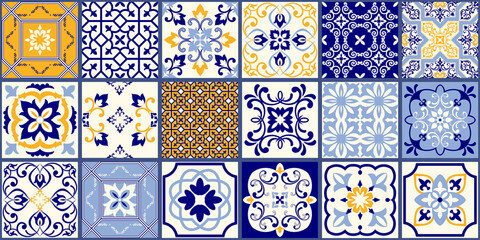 Collection of 18 ceramic tiles in turkish style. Seamless colorful patchwork from Azulejo tiles. Portuguese and Spain decor. Islam, Arabic, Indian, Ottoman motif. Vector Hand drawn background - 366916796