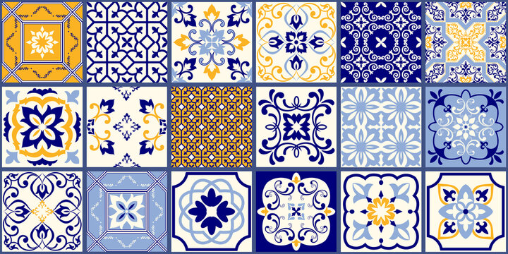 Collection of 18 ceramic tiles in turkish style. Seamless colorful patchwork from Azulejo tiles. Portuguese and Spain decor. Islam, Arabic, Indian, Ottoman motif. Vector Hand drawn background