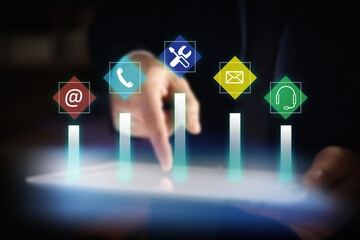 Businessman using digital tablet at workplace, closeup . Technical support