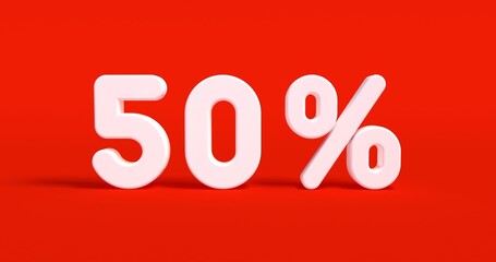 3d render, '50%' written by plastic toy font. Sign of sale. Fifty percent off. Typography font, phrase isolated on red background. Element for social media, print, sticker.