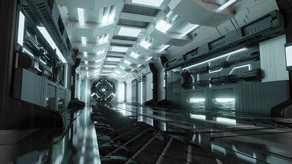 3D Futuristic Architecture Sci-Fi Corridor Interior Black White Neon Background Perspective