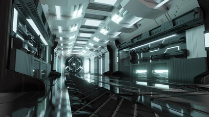 Obraz premium 3D Futuristic Architecture Sci-Fi Corridor Interior Black White Neon Background Perspective