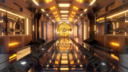 3D Futuristic Architecture Sci-Fi Corridor Interior Yellow Goldren Neon Background Symmetry Closeup