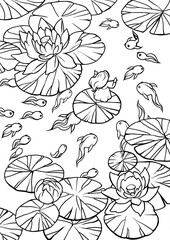 Coloring Page illustration. Little fairy girl sailing on a lily pad