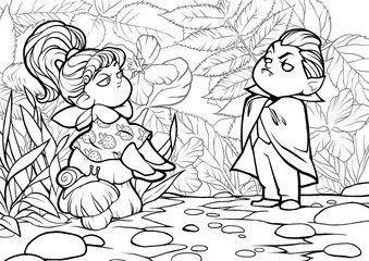 Fototapeta na wymiar Coloring Page illustration. Little vampire and fairy confronting each other in the garden