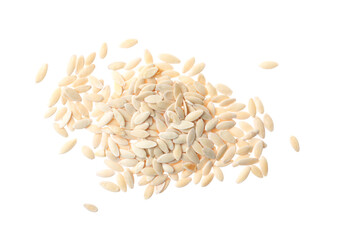 Pile of raw cucumber seeds on white background, top view. Vegetable planting
