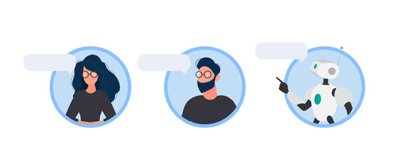 Dialogue icons. Support Woman and man. Chatbot. Icons for apps, websites and banners. Isolated. Vector.