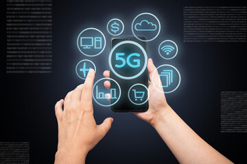 5G Internet is the new technology of the future, linking communication with many applications. Shopping on the Internet, travel, money. Hands hold the phone with a halogram of different applications.