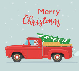 Santa Claus rides in old red pickup with spruce © OWLISKO DESIGN