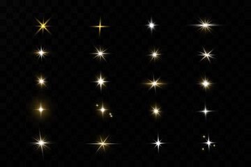 Obraz premium Shining golden stars isolated on black background. Effects, glare, lines, glitter, explosion, golden light. Vector illustration.Set. 