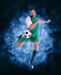 Fototapeta na wymiar Shot of football player in action. Creative design