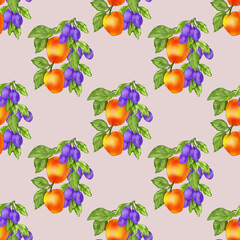 Seamless background with the image of fruit. Gifts of nature in a chaotic arrangement close-up. Theme of summer and healthy food. Illustration for printing on paper or fabric.